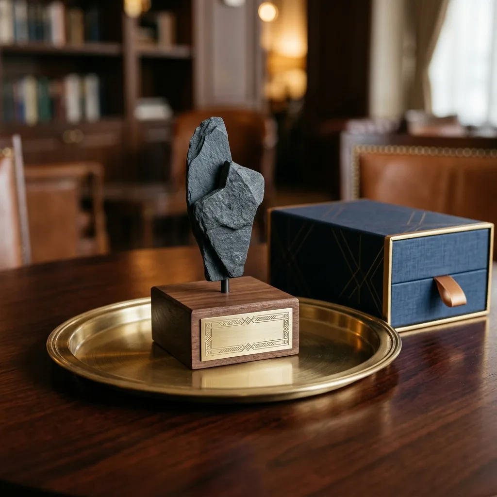 Luxury brass tray and corporate custom engraving box.