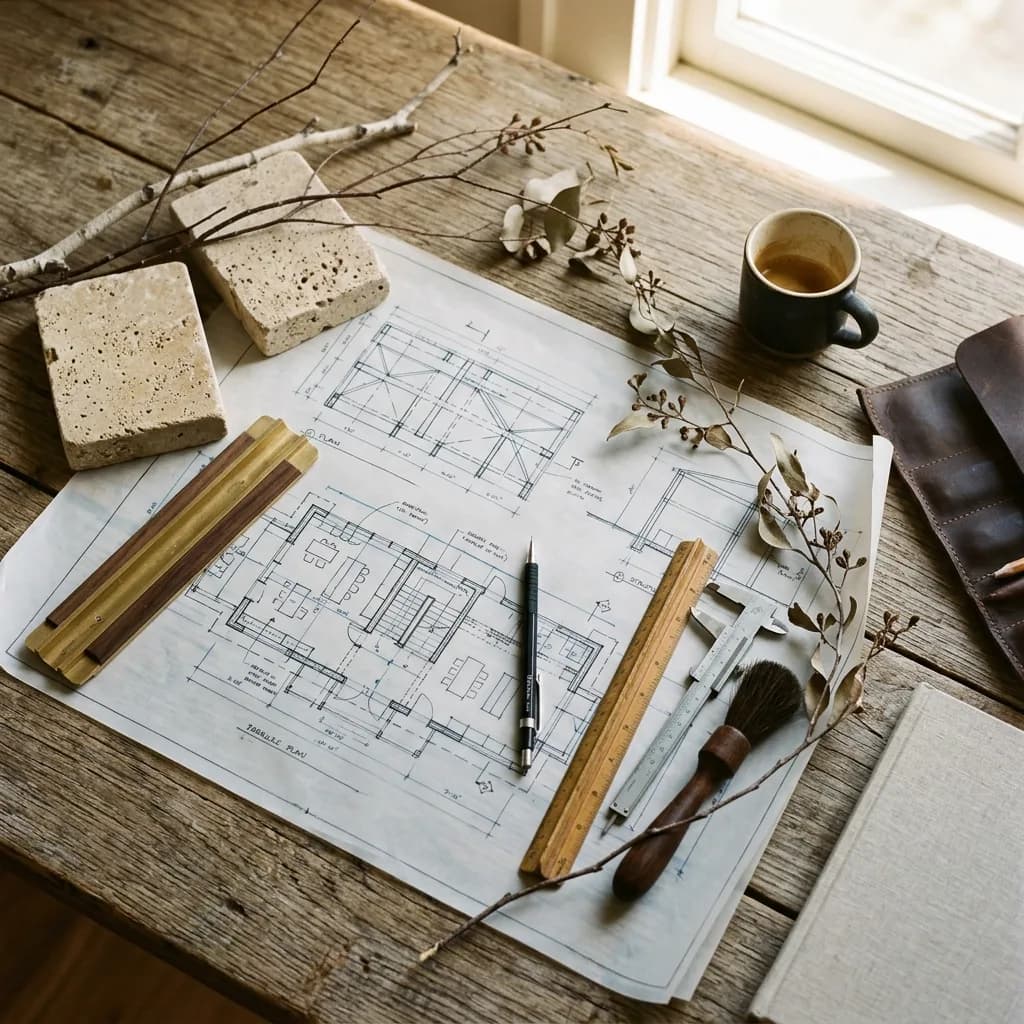 A high-end interior design workspace with active CAD layout blueprints, dry foliage, and sandstone sample blocks.