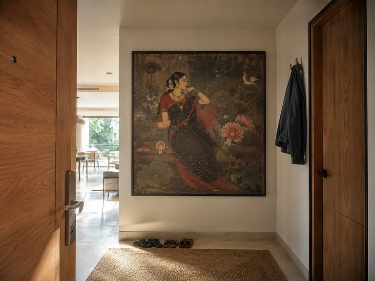 Traditional Indian painting of a woman in a saree displayed in a warm modern entrance hallway.