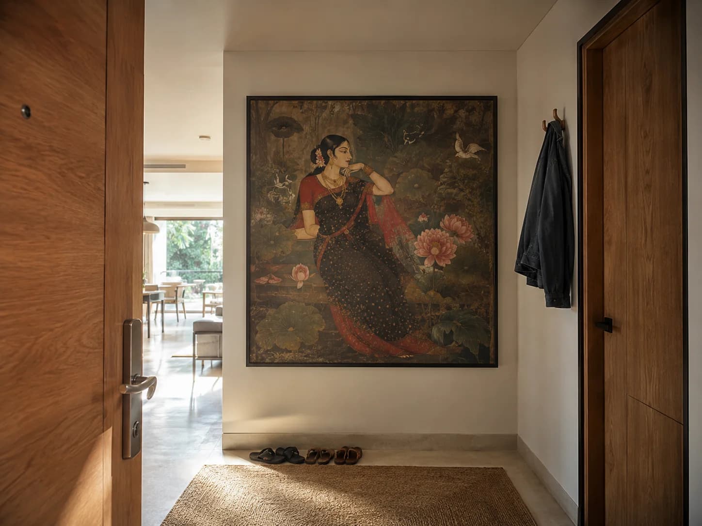 Traditional Indian painting of a woman in a saree displayed in a warm modern entrance hallway.