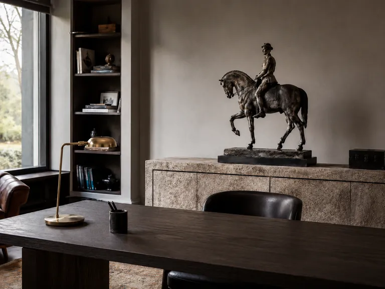 IVARA bronze horse rider sculpture displayed on a stone console behind a dark executive desk.
