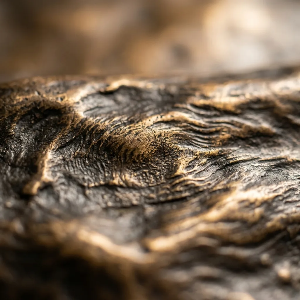 Extreme close-up of a matte charcoal clay tile showing mineral textures and fine lines.